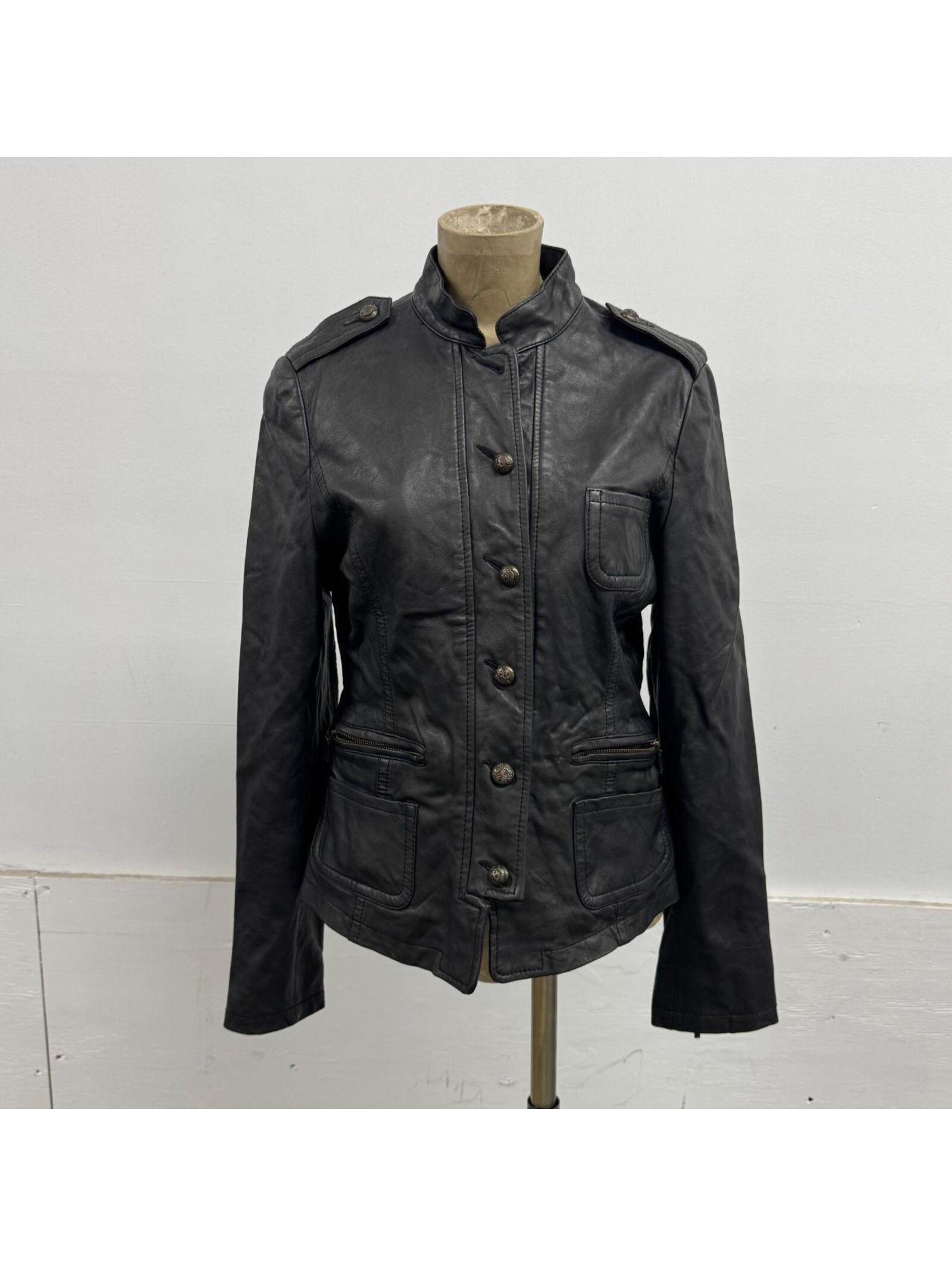 Vintage Black Military Style Epaulette Leather Jacket